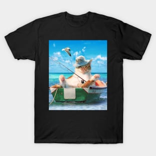 Cute Cat Fishing On Ocean Boat T-Shirt